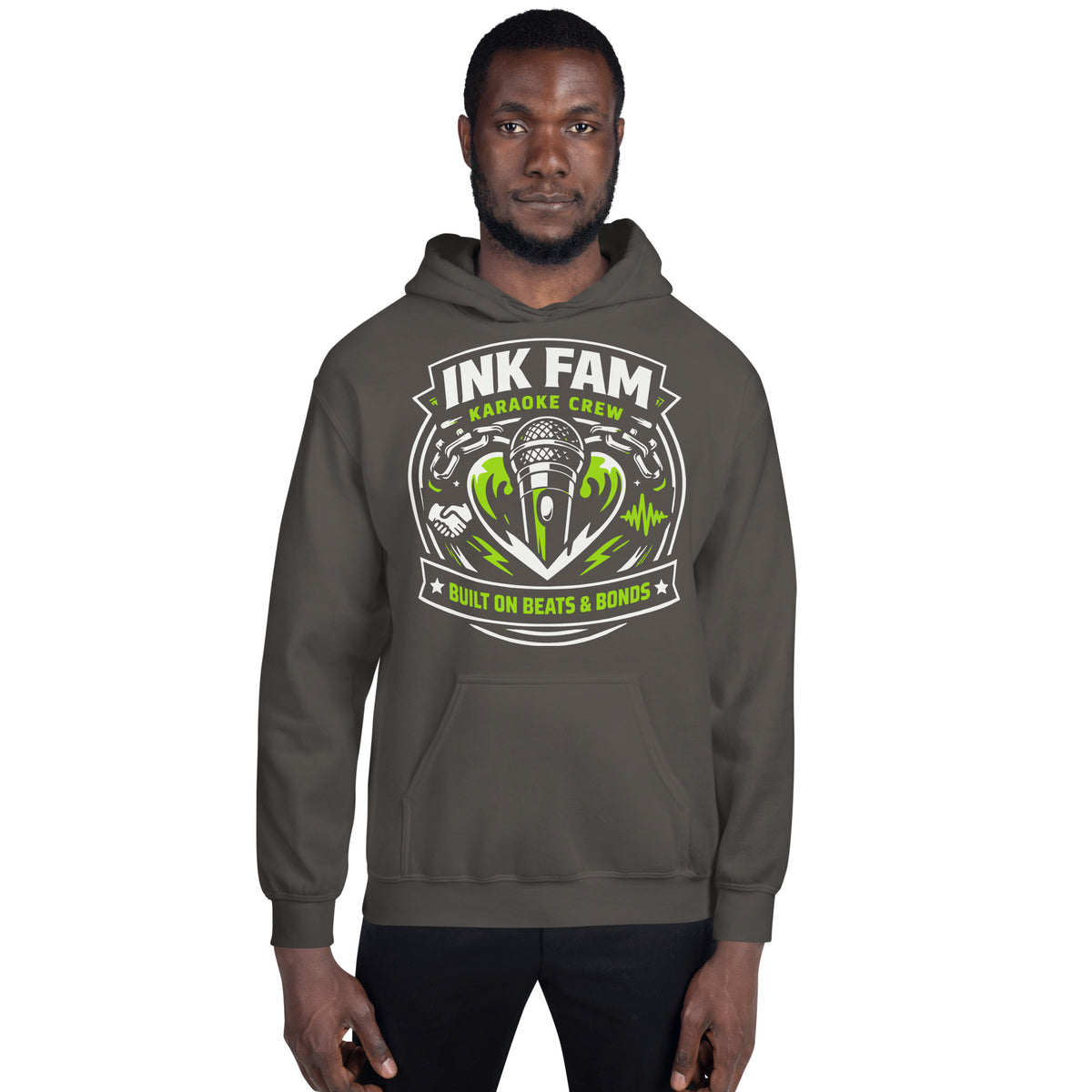Charcoal pullover hoodie, front view, featuring DJ Ink Beats & Bonds shield with a microphone and green-and-white lettering.