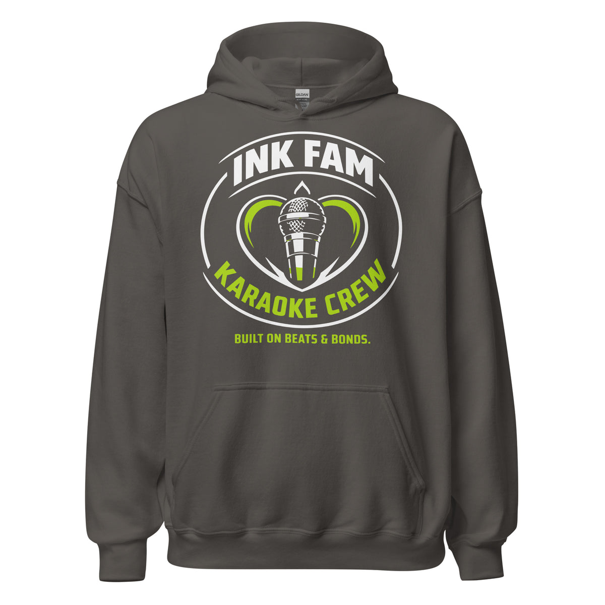Charcoal pullover hoodie, front view, featuring the green-and-white circular DJ Ink Fam microphone badge.