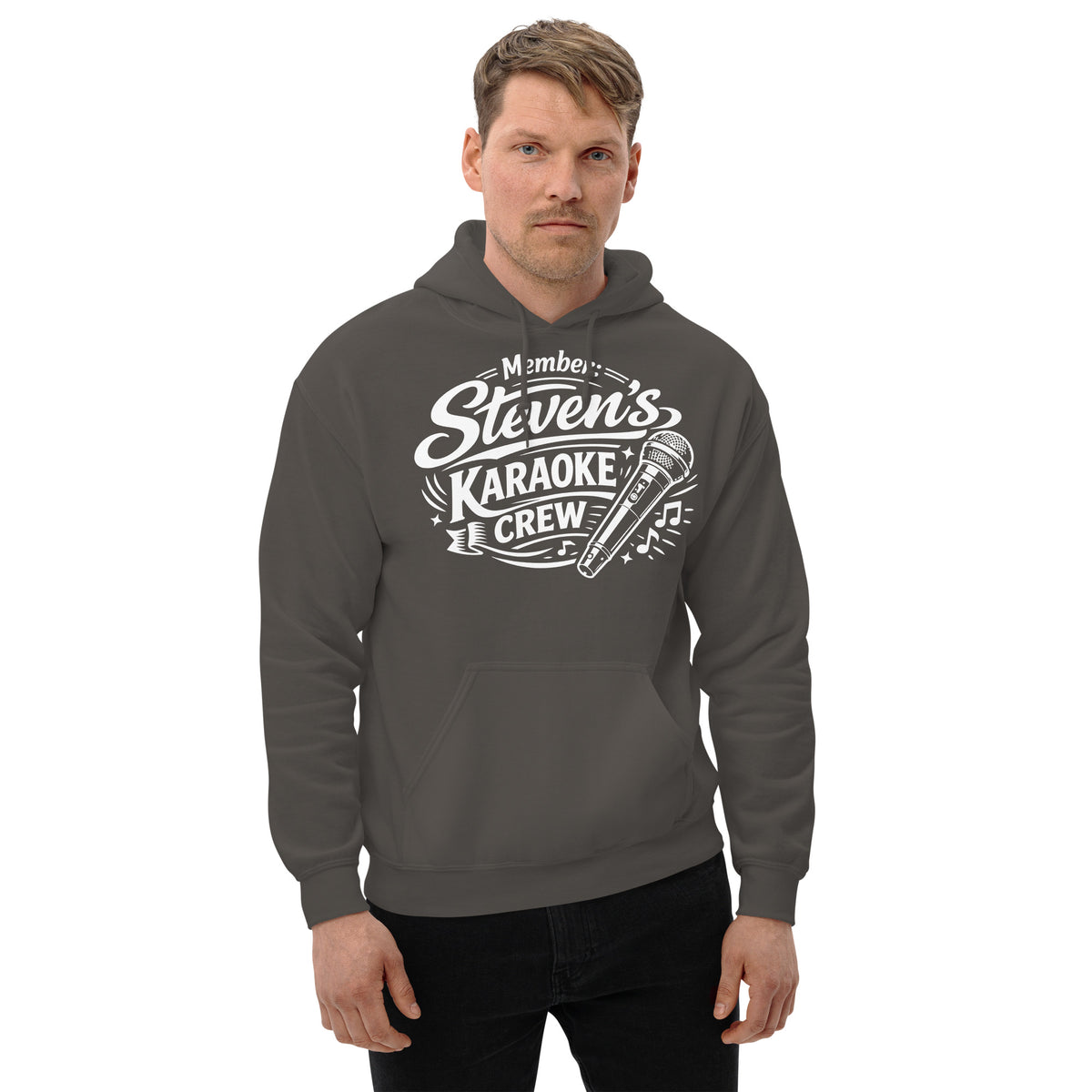 Charcoal pullover hoodie, front view, featuring Steven's Karaoke Crew lettering and microphone graphic.