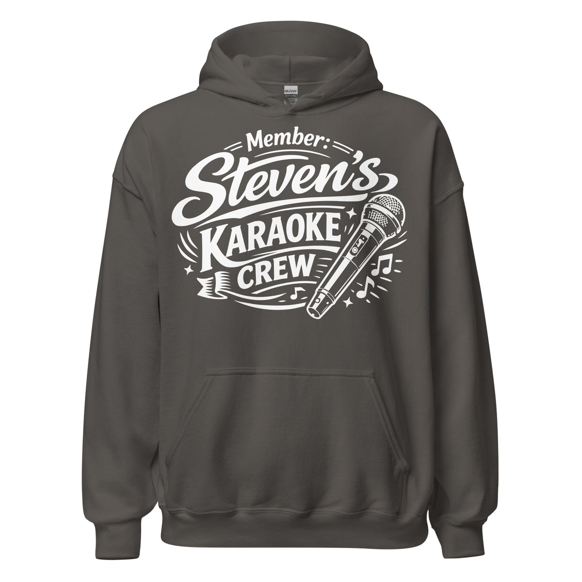 Charcoal pullover hoodie, front view, featuring Steven's Karaoke Crew lettering and microphone graphic.