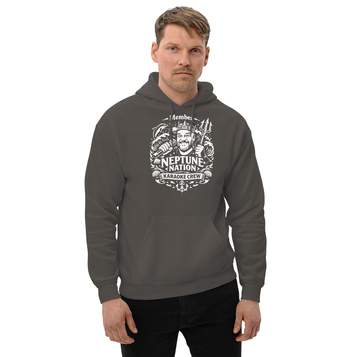 Charcoal pullover hoodie, front view, featuring KJ Neptune's Neptune Nation nautical microphone and trident badge.