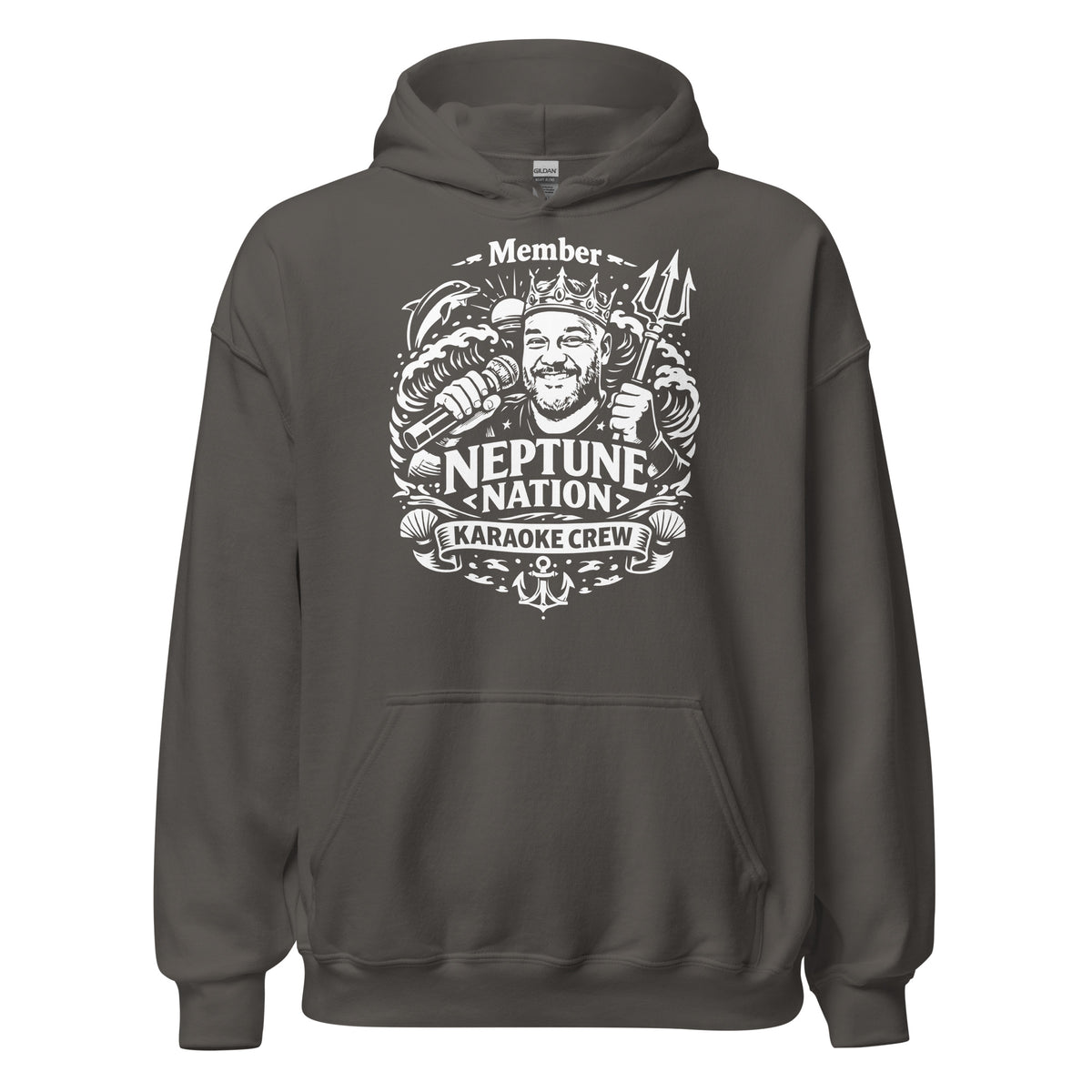 Charcoal pullover hoodie, front view, featuring KJ Neptune's Neptune Nation nautical microphone and trident badge.