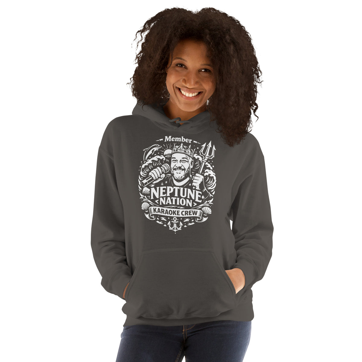 Charcoal pullover hoodie, front view, featuring KJ Neptune's Neptune Nation nautical microphone and trident badge.