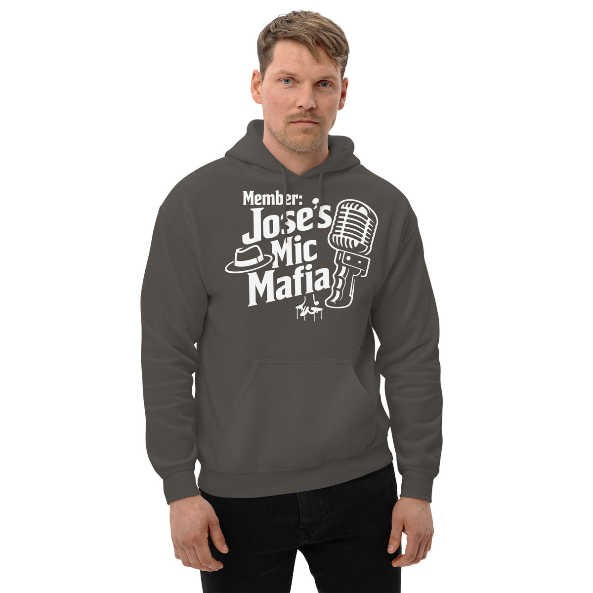 Charcoal pullover hoodie, front view, featuring Jose's Mic Mafia microphone and fedora design.