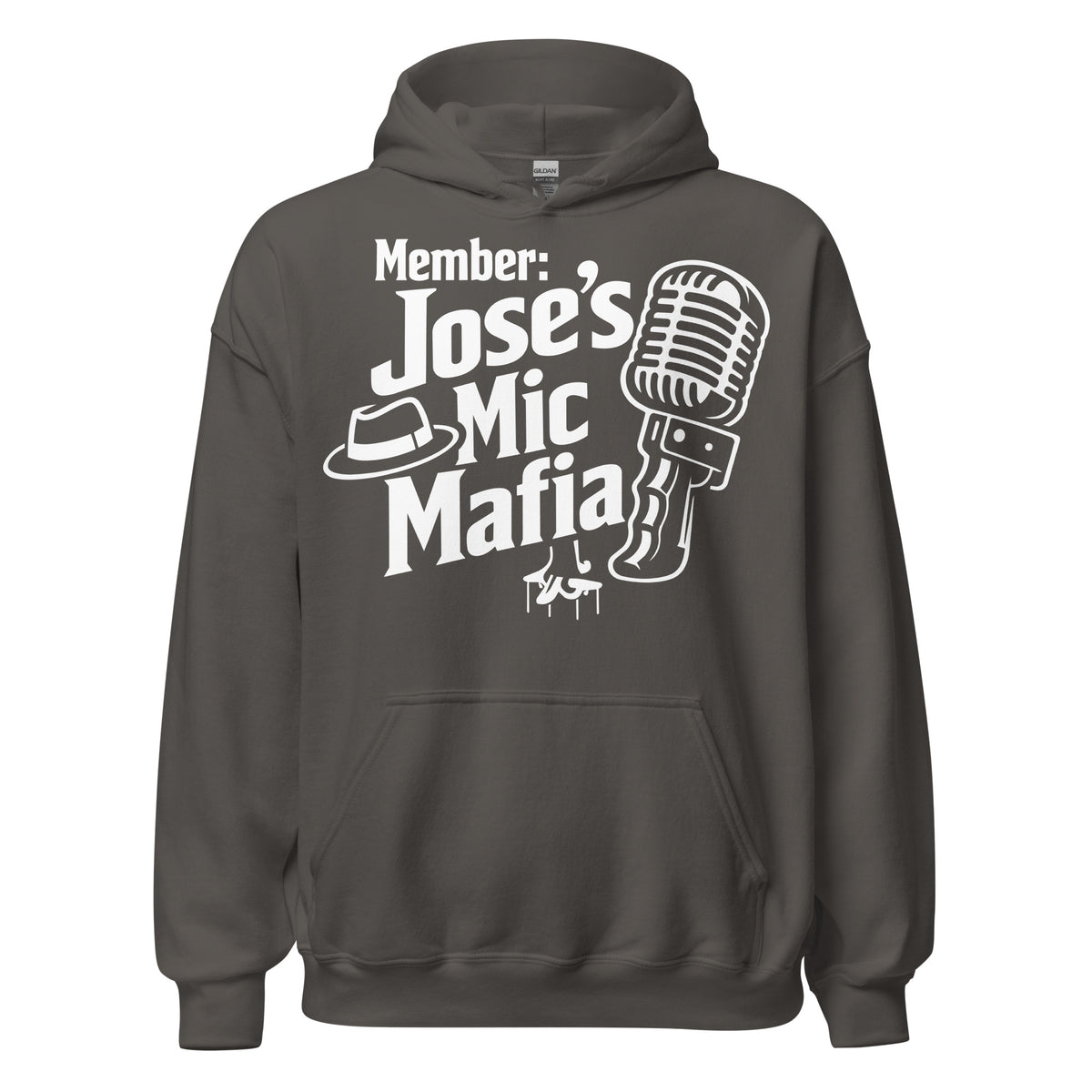 Charcoal pullover hoodie, front view, featuring Jose's Mic Mafia microphone and fedora design.