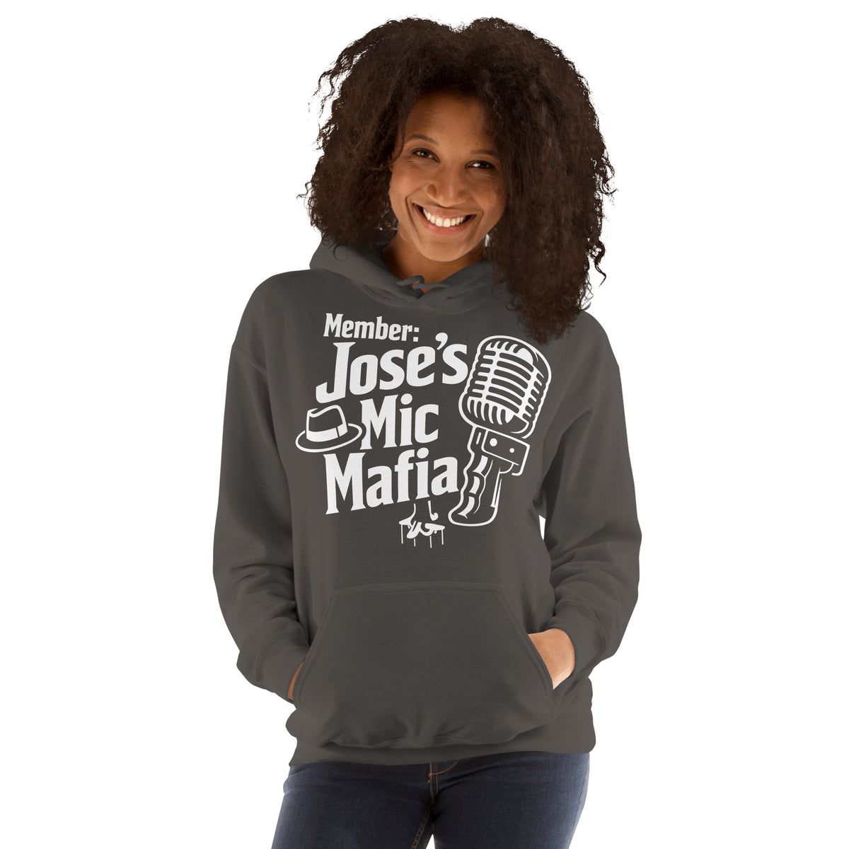 Charcoal pullover hoodie, front view, featuring Jose's Mic Mafia microphone and fedora design.