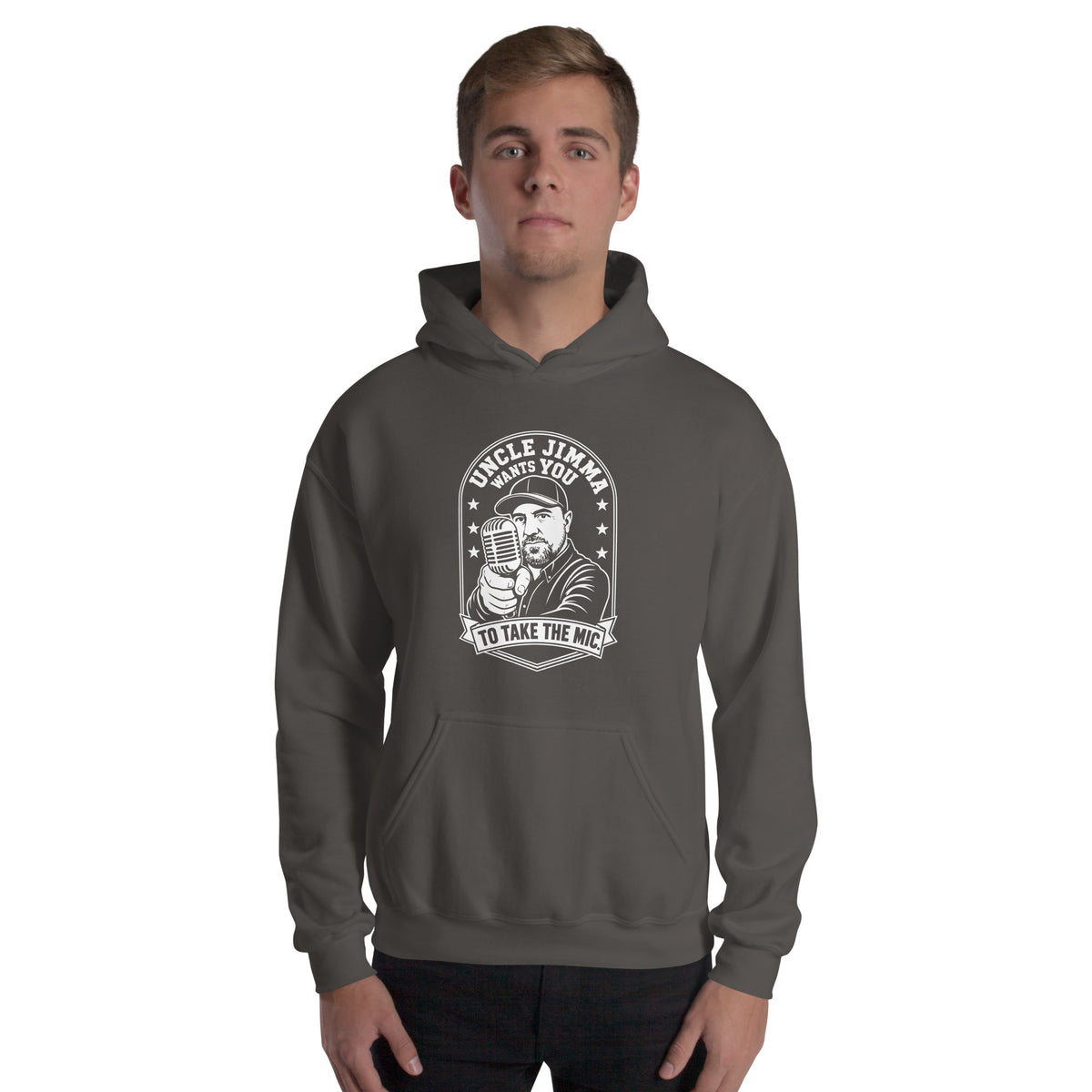 Charcoal pullover hoodie, front view, featuring Uncle Jimma Wants You to Take the Mic pointing portrait and microphone.