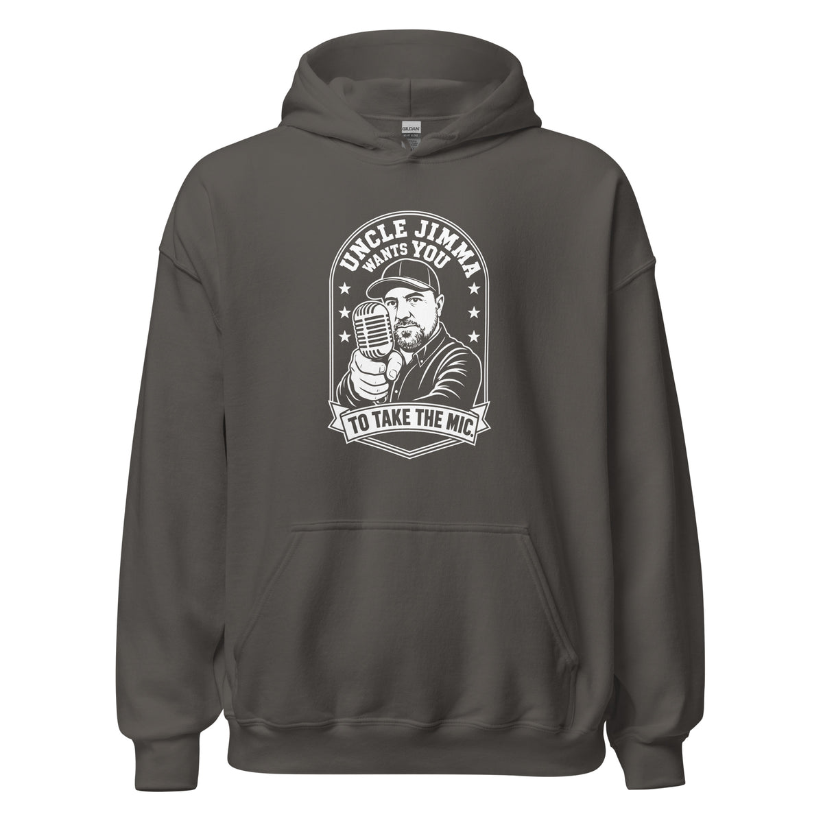 Charcoal pullover hoodie, front view, featuring Uncle Jimma Wants You to Take the Mic pointing portrait and microphone.
