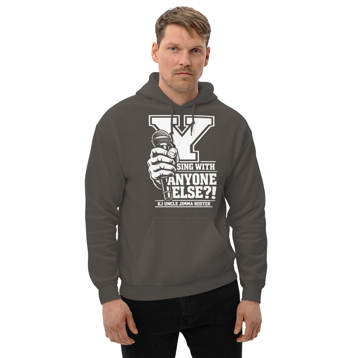 Charcoal pullover hoodie, front view, featuring Uncle Jimma Roster Anthem varsity Y with hand-held microphone.
