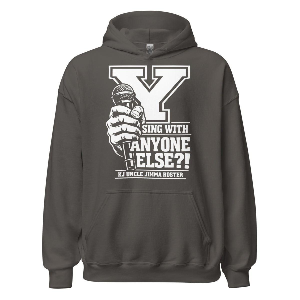 Charcoal pullover hoodie, front view, featuring Uncle Jimma Roster Anthem varsity Y with hand-held microphone.