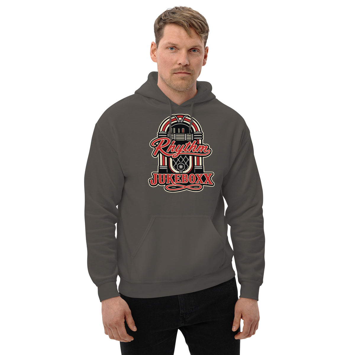 Charcoal pullover hoodie, front view, featuring Rhythm Jukeboxx red-and-cream retro jukebox graphic.