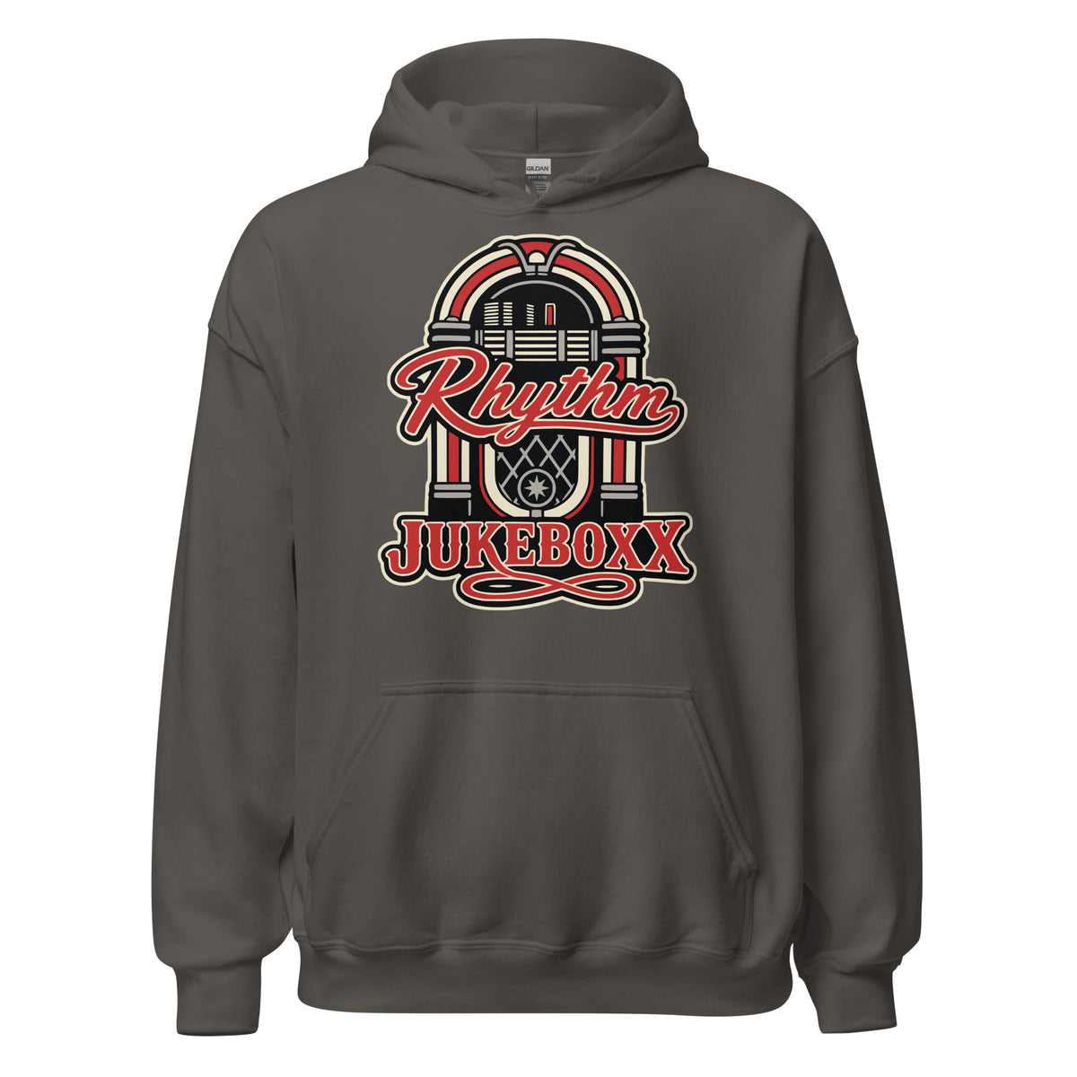 Charcoal pullover hoodie, front view, featuring Rhythm Jukeboxx red-and-cream retro jukebox graphic.