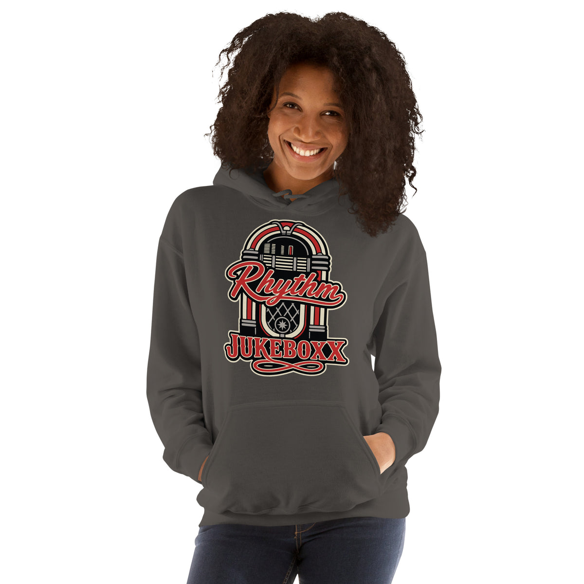Charcoal pullover hoodie, front view, featuring Rhythm Jukeboxx red-and-cream retro jukebox graphic.