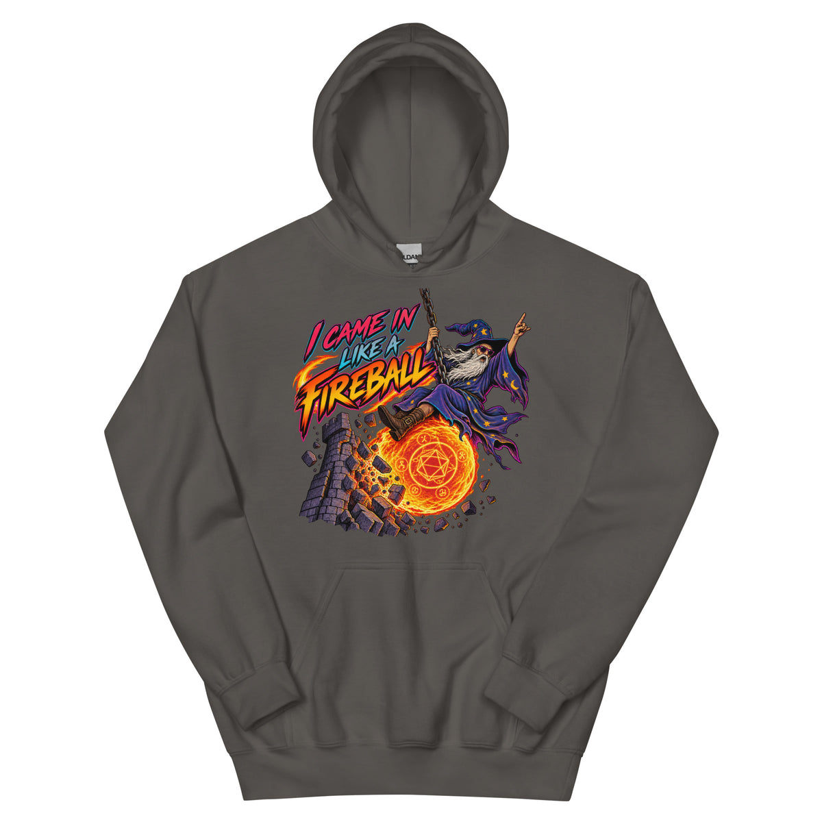 Charcoal pullover hoodie, front view, featuring the I Came In Like a Fireball wizard design