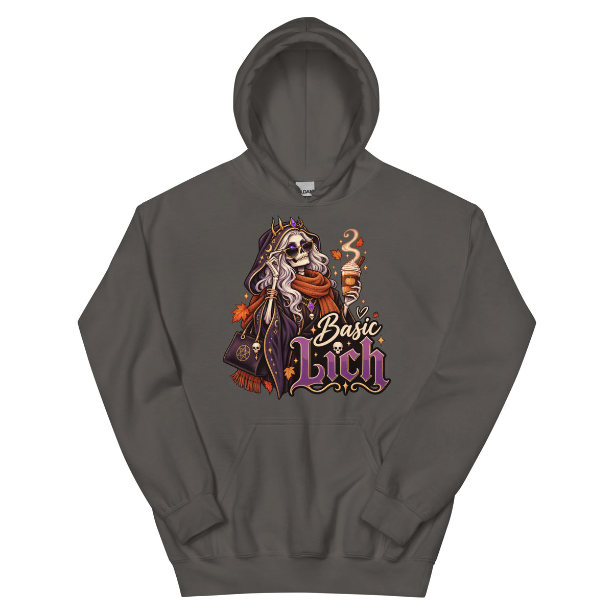 Charcoal pullover hoodie, front view, featuring the Basic Lich pumpkin spice skeleton design