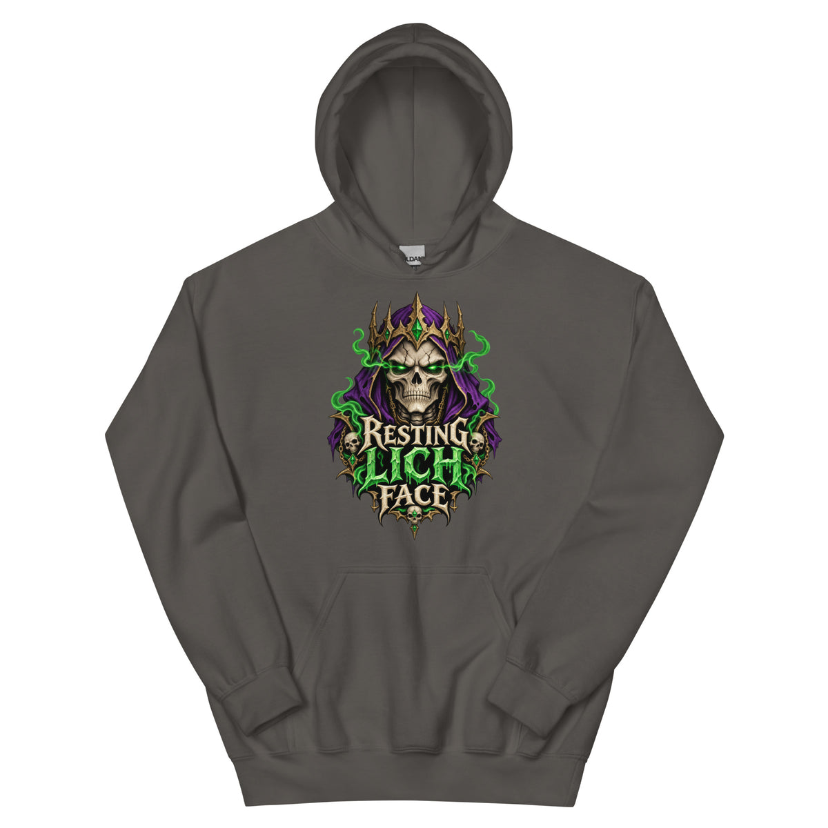 Charcoal pullover hoodie, front view, featuring the Resting Lich Face crowned skull lich design