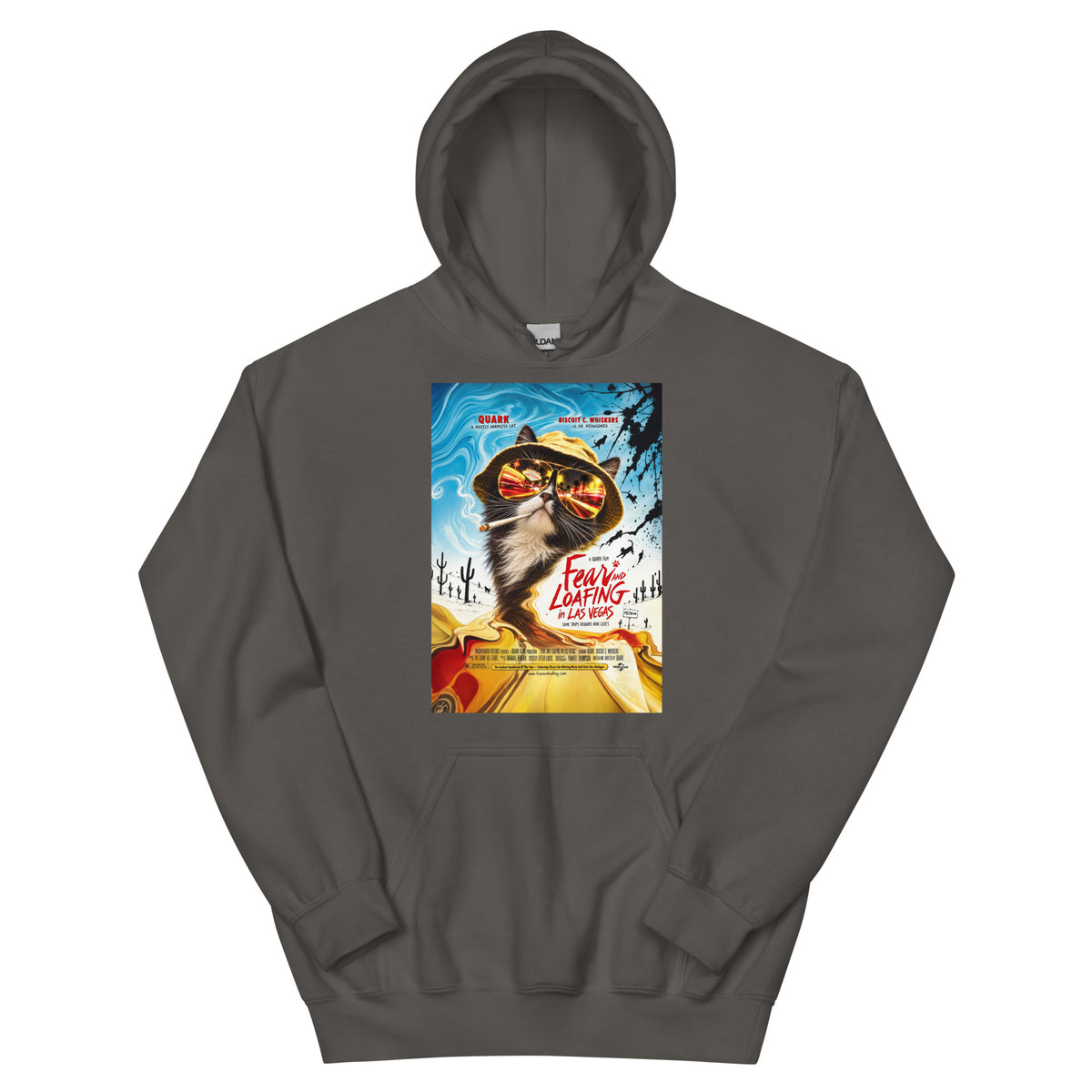Charcoal pullover hoodie, front view, featuring the Fear and Loafing in Las Vegas Quark cat poster design