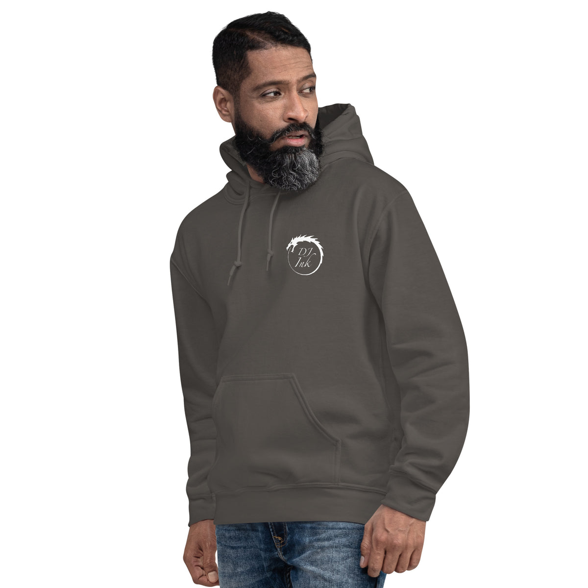 Charcoal pullover hoodie, left-front angled view, featuring DJ Ink white Ouroboros dragon-circle logo.