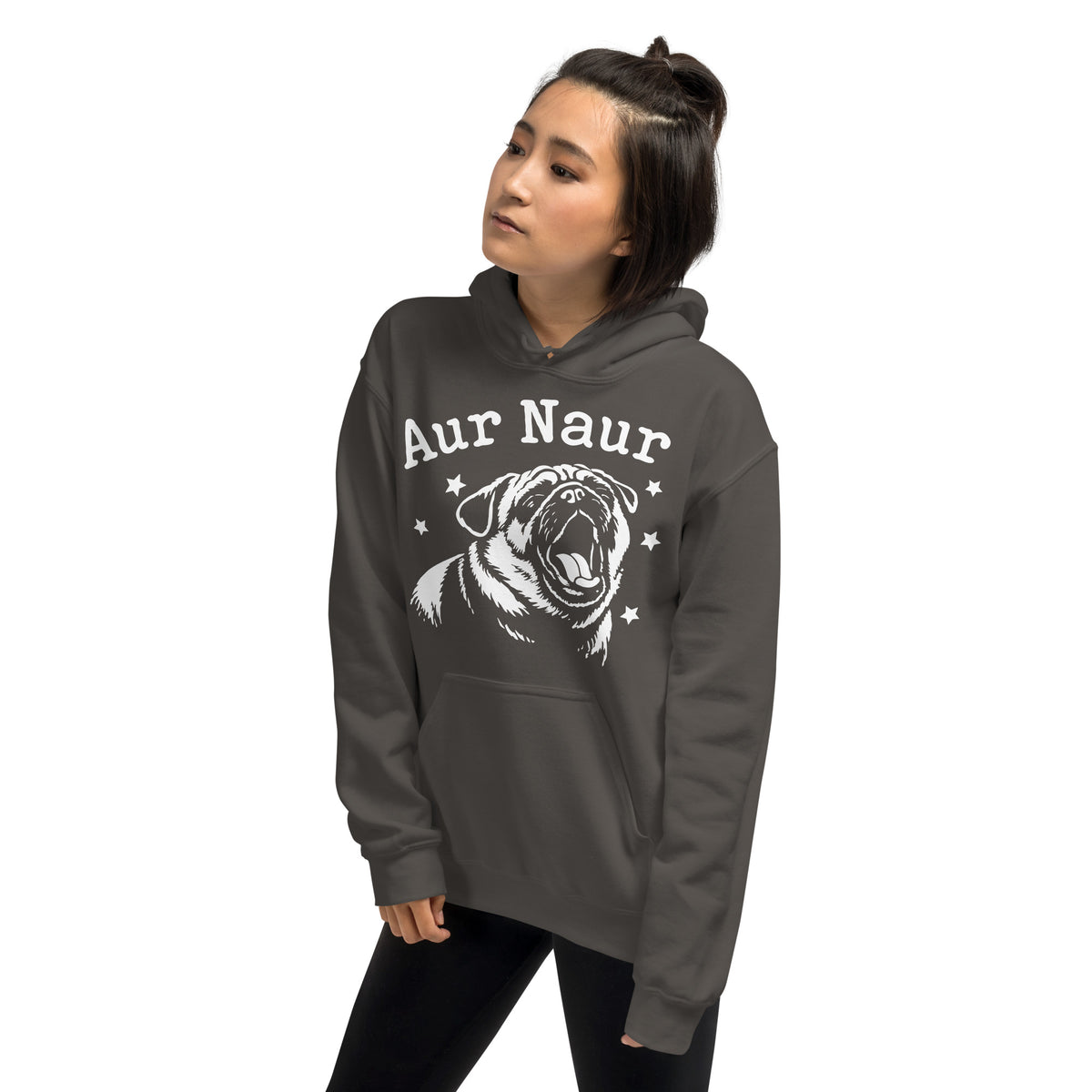 Charcoal pullover hoodie, left-front angled view, featuring Aur Naur white pug portrait and star-accented lettering.