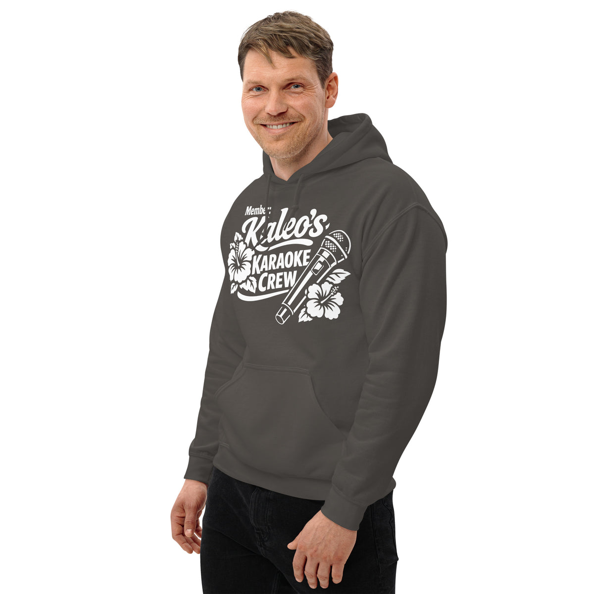 Charcoal pullover hoodie, left-front angled view, featuring Kaleo's Karaoke Crew lettering, microphone, and hibiscus flowers.