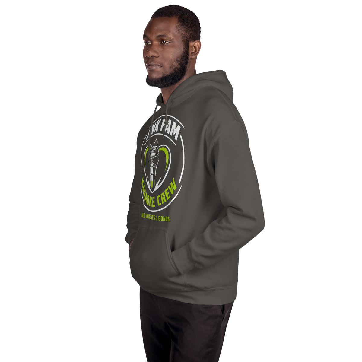 Charcoal pullover hoodie, left-front angled view, featuring the green-and-white circular DJ Ink Fam microphone badge.