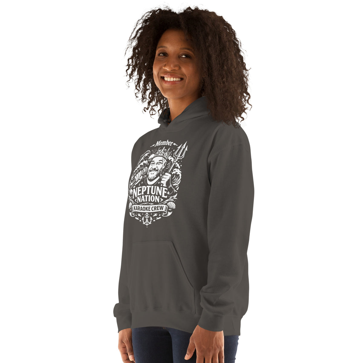 Charcoal pullover hoodie, left-front angled view, featuring KJ Neptune's Neptune Nation nautical microphone and trident badge.