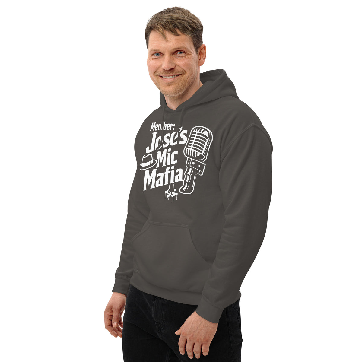 Charcoal pullover hoodie, left-front angled view, featuring Jose's Mic Mafia microphone and fedora design.