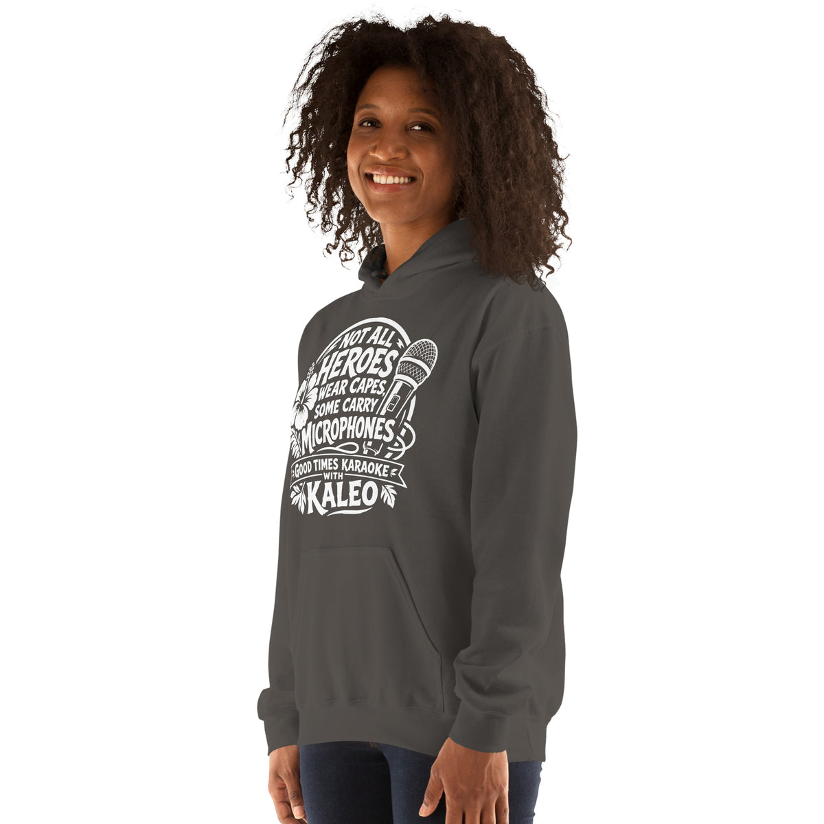 Charcoal pullover hoodie, left-front angled view, featuring Kaleo's Karaoke Heroes 'Not All Heroes Wear Capes, Some Carry Microphones' graphic.