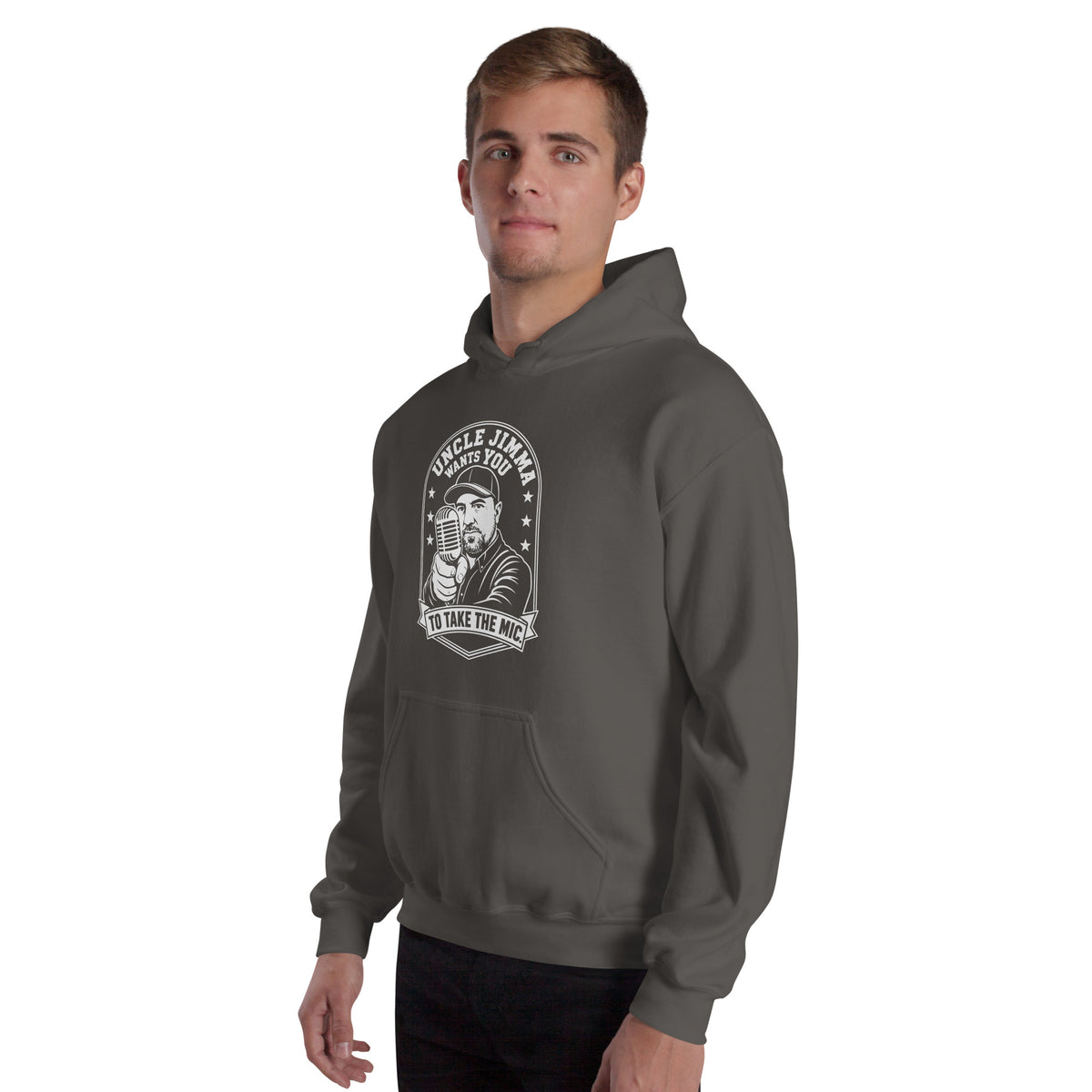 Charcoal pullover hoodie, left-front angled view, featuring Uncle Jimma Wants You to Take the Mic pointing portrait and microphone.