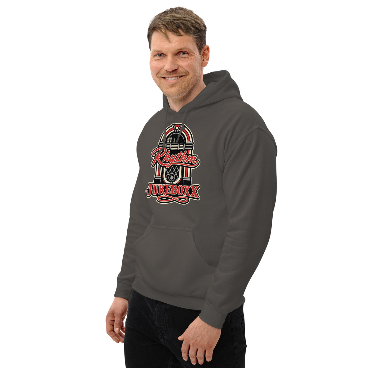 Charcoal pullover hoodie, left-front angled view, featuring Rhythm Jukeboxx red-and-cream retro jukebox graphic.