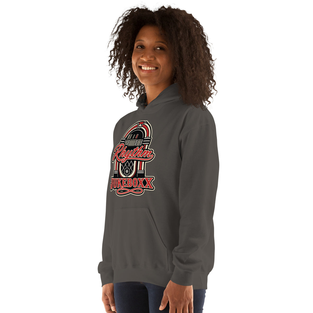 Charcoal pullover hoodie, left-front angled view, featuring Rhythm Jukeboxx red-and-cream retro jukebox graphic.