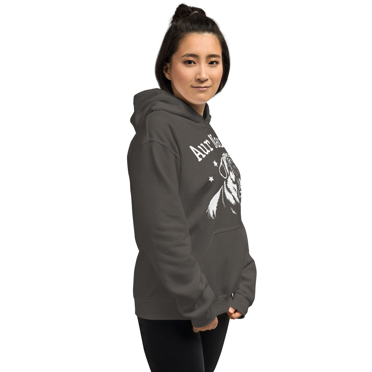 Charcoal pullover hoodie, right-front angled view, featuring Aur Naur white pug portrait and star-accented lettering.