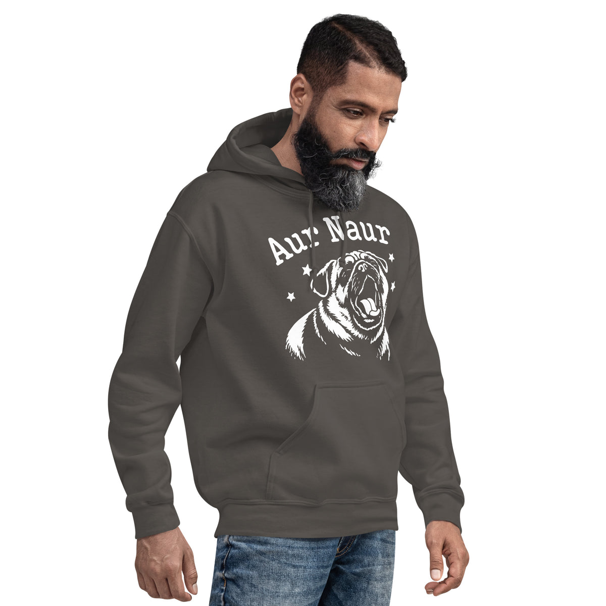 Charcoal pullover hoodie, right-front angled view, featuring Aur Naur white pug portrait and star-accented lettering.