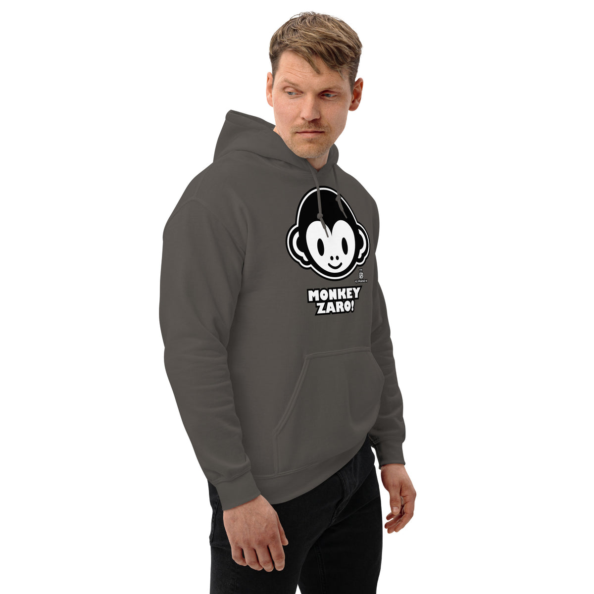 Charcoal pullover hoodie, right-front angled view, featuring Monkey Zaro! white cartoon monkey face and lettering.