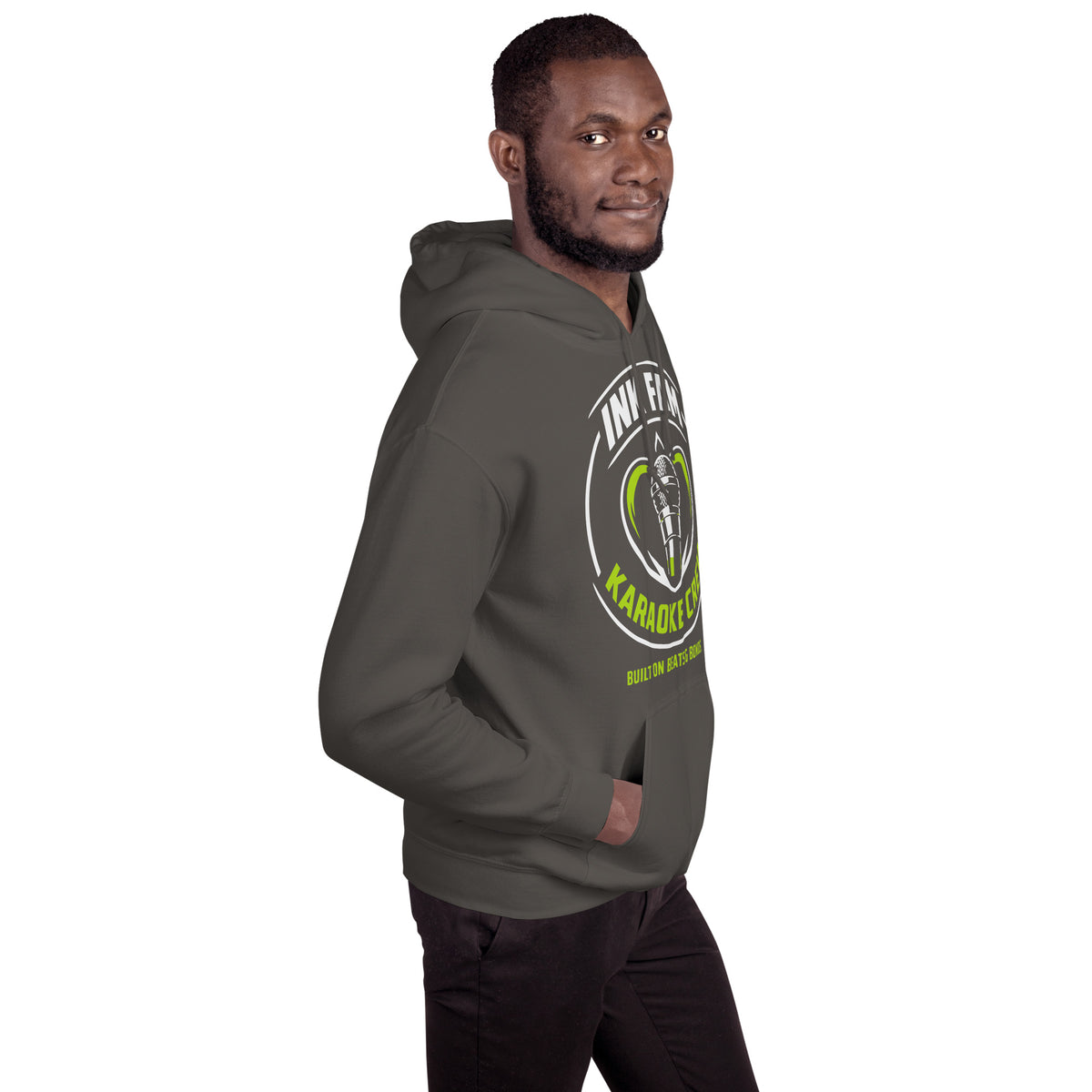 Charcoal pullover hoodie, right-front angled view, featuring the green-and-white circular DJ Ink Fam microphone badge.