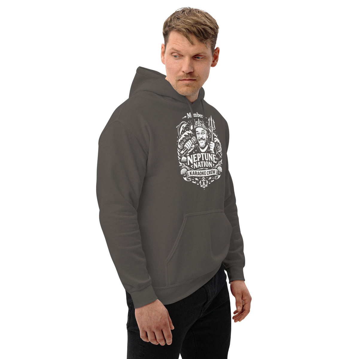 Charcoal pullover hoodie, right-front angled view, featuring KJ Neptune's Neptune Nation nautical microphone and trident badge.
