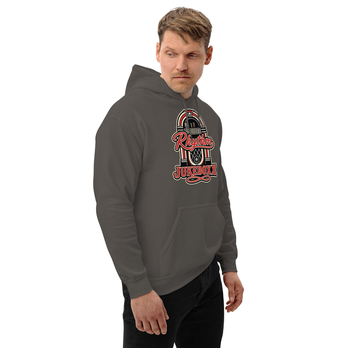 Charcoal pullover hoodie, right-front angled view, featuring Rhythm Jukeboxx red-and-cream retro jukebox graphic.