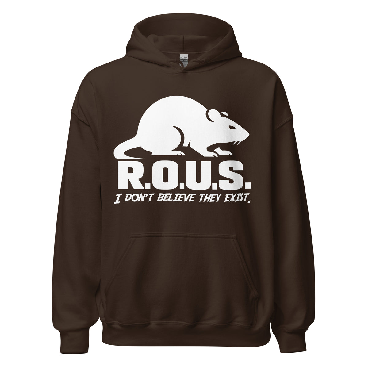 Dark Chocolate pullover hoodie, front view, featuring the R.O.U.S. Disbelief Statement design