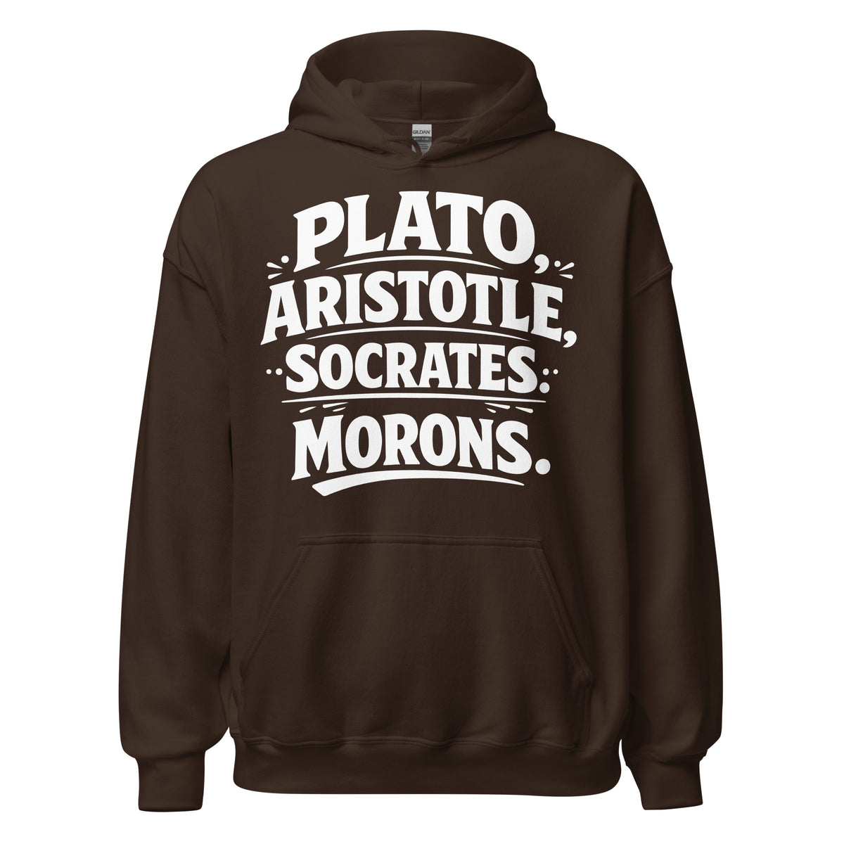 Dark Chocolate pullover hoodie, front view, featuring the Classical Thinkers design
