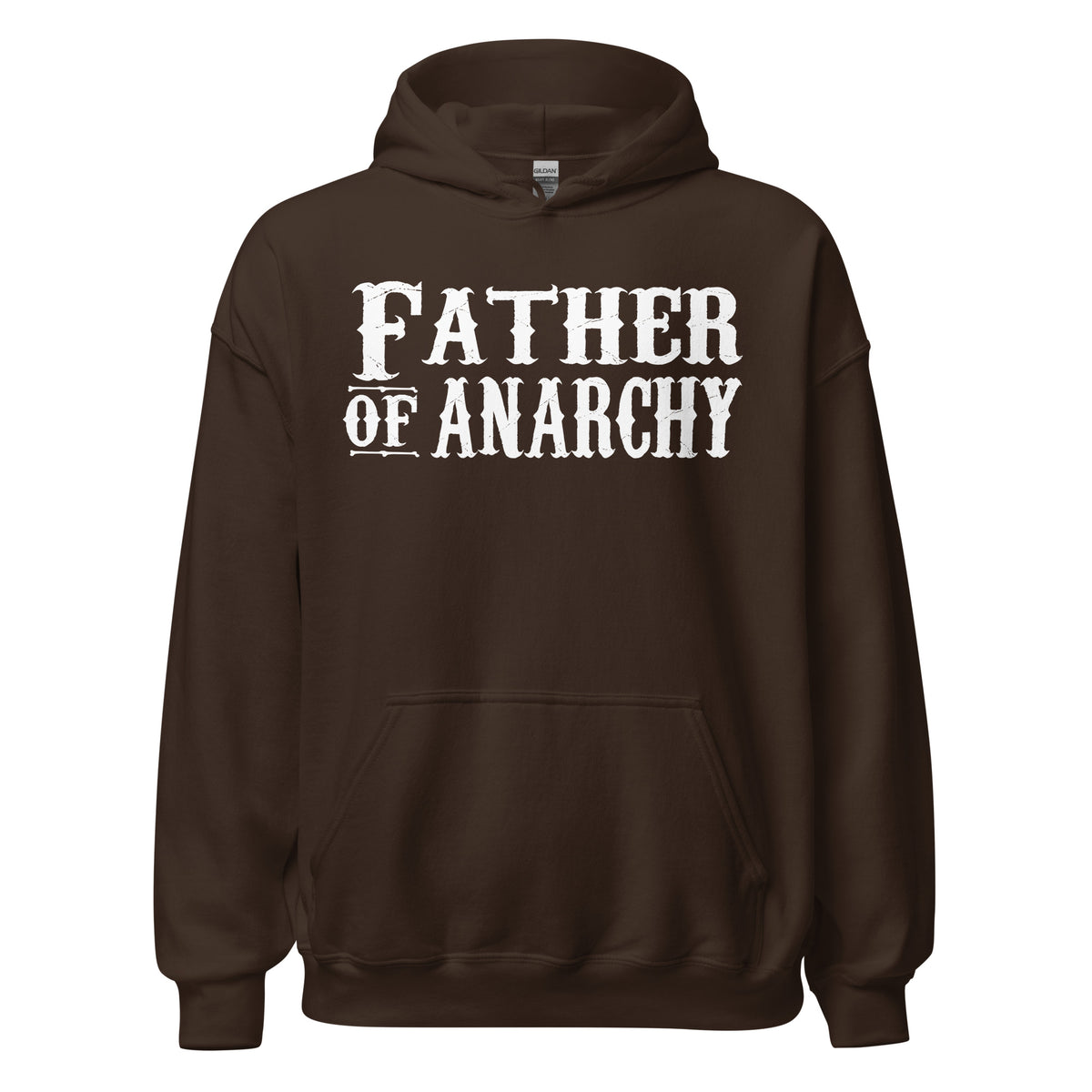 Dark Chocolate pullover hoodie, front view, featuring the Father of Anarchy Hoodie design