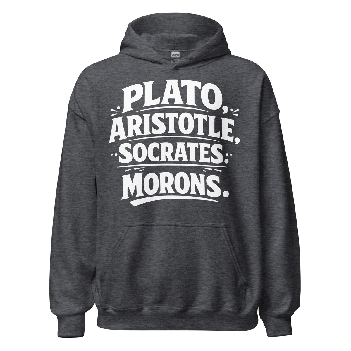 Dark Heather pullover hoodie, front view, featuring the Classical Thinkers design
