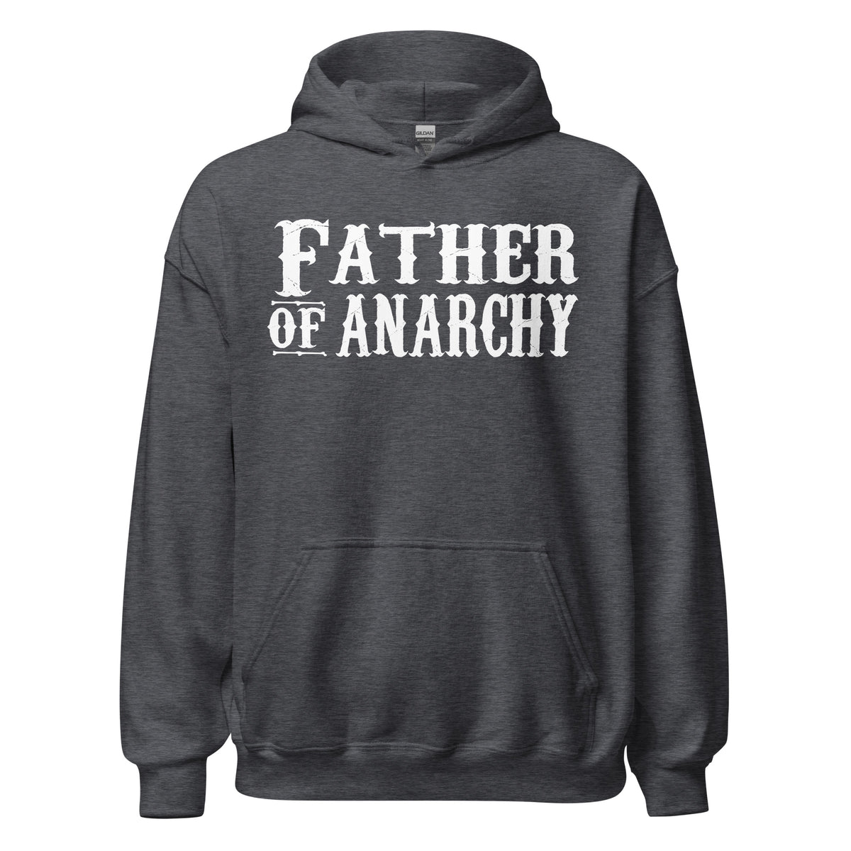 Dark Heather pullover hoodie, front view, featuring the Father of Anarchy Hoodie design