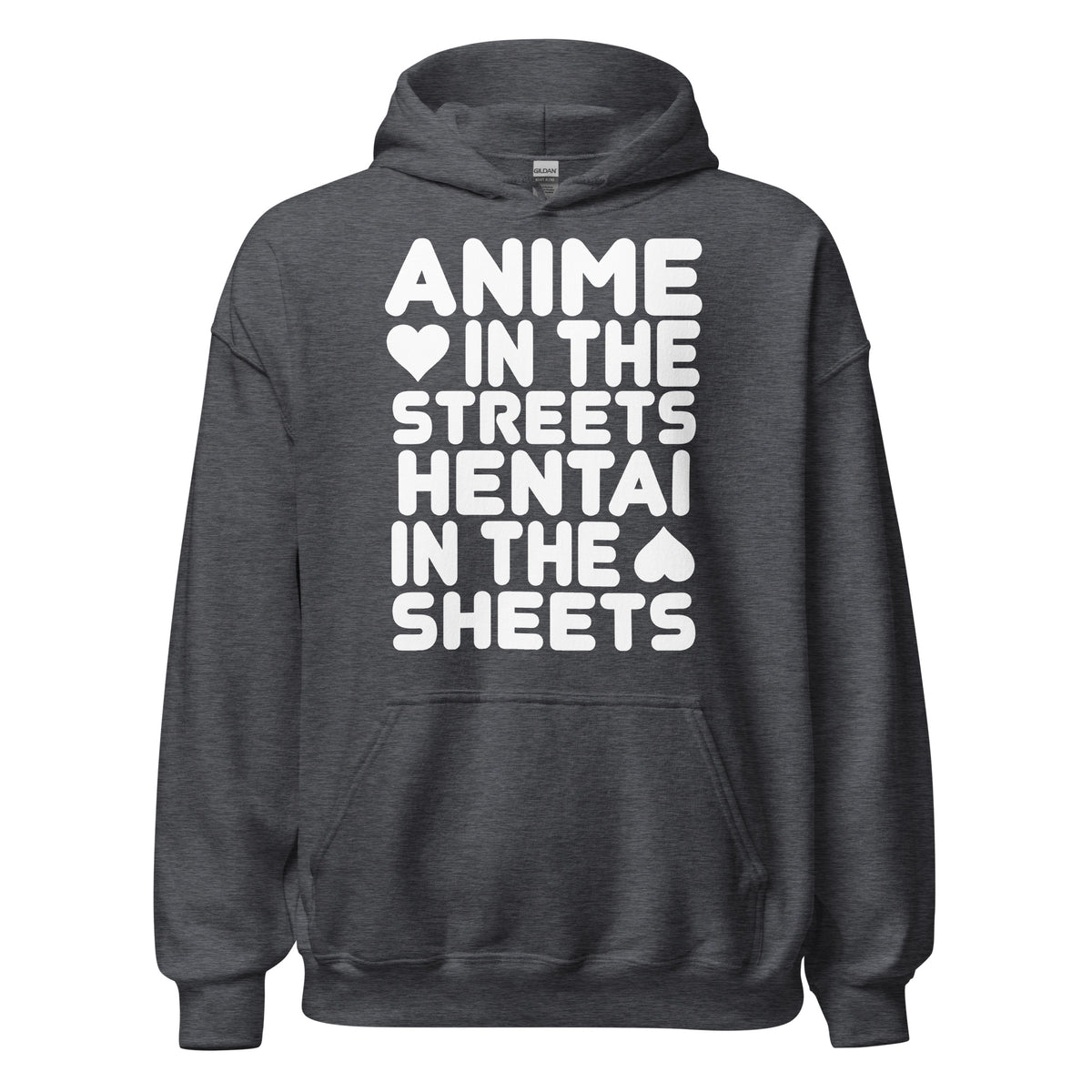 Dark Heather pullover hoodie, front view, featuring the Anime in the Streets / Hentai in the Sheets Hoodie design