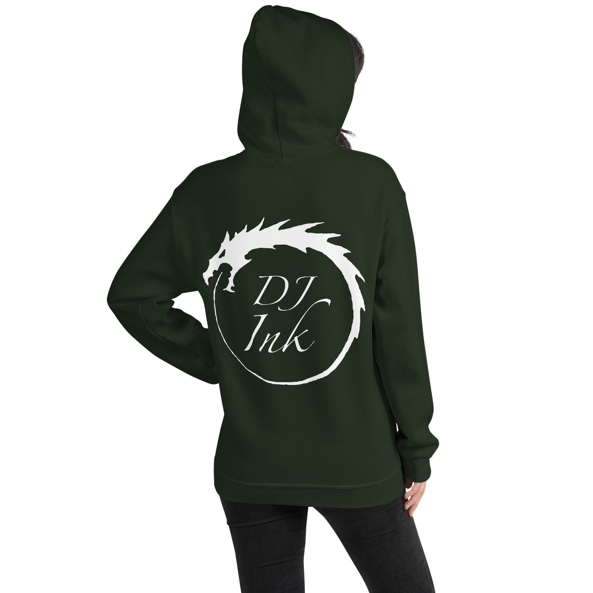 Forest Green pullover hoodie, back view, for the DJ Ink white Ouroboros dragon-circle logo.