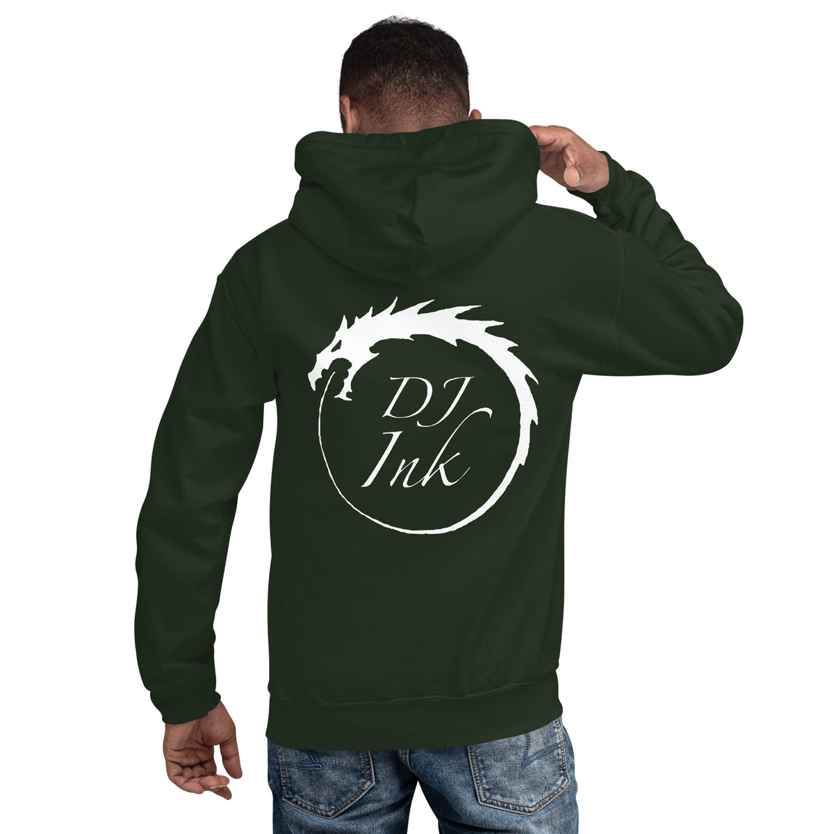 Forest Green pullover hoodie, back view, for the DJ Ink white Ouroboros dragon-circle logo.