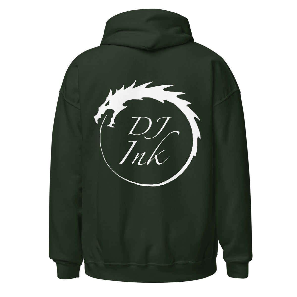 Forest Green pullover hoodie, back view, for the DJ Ink white Ouroboros dragon-circle logo.