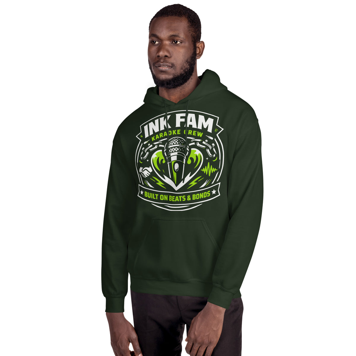 Forest Green pullover hoodie, alternate front view, featuring DJ Ink Beats & Bonds shield with a microphone and green-and-white lettering.