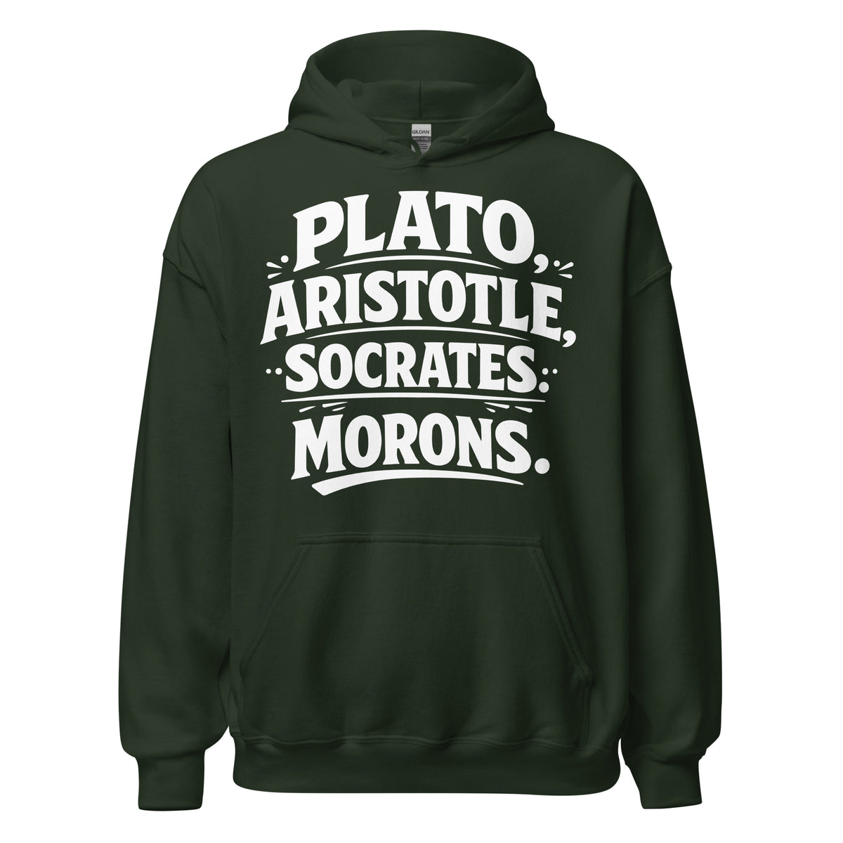 Forest Green pullover hoodie, front view, featuring the Classical Thinkers design