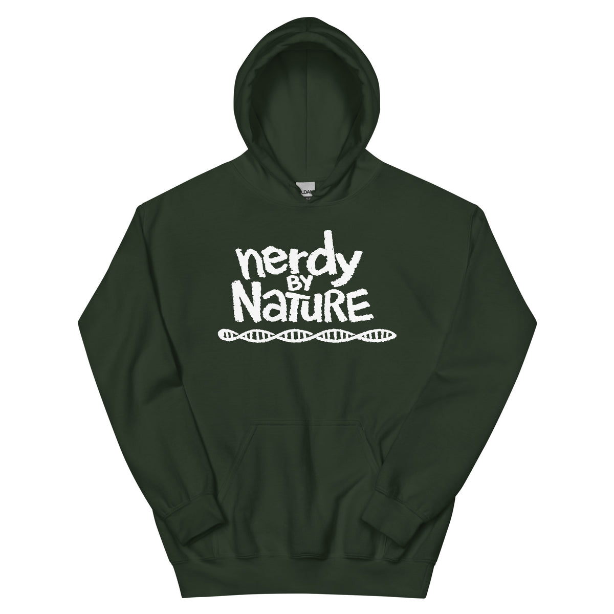 Forest Green pullover hoodie, front view, featuring the Nerdy By Nature design