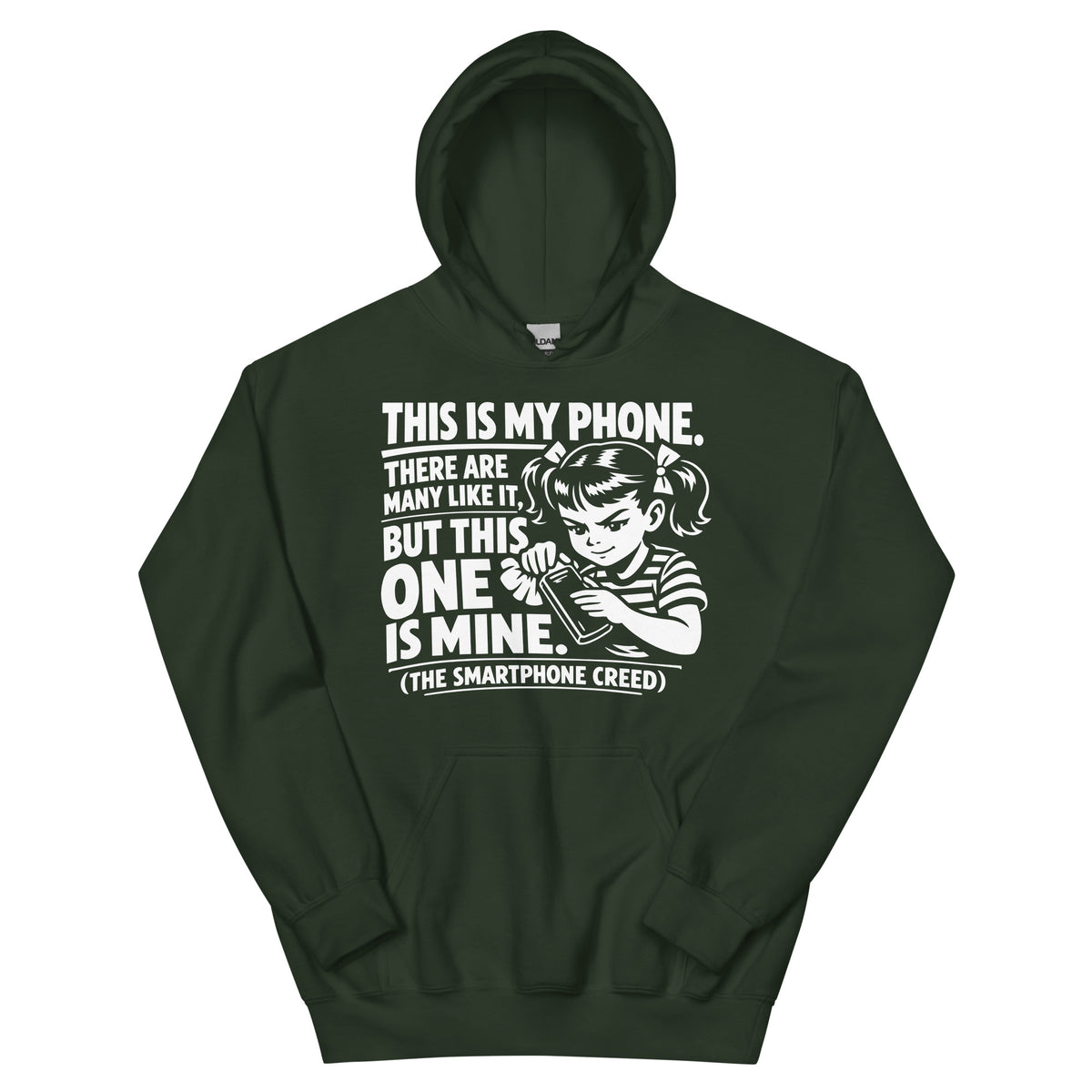 Forest Green pullover hoodie, front view, showing a mockup for Smartphone Creed retro woman holding a phone and statement lettering.